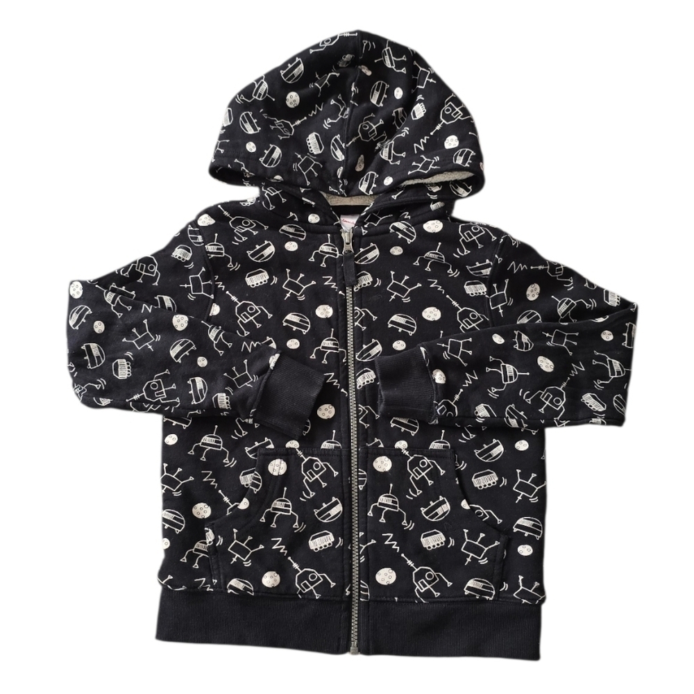 Hanna Andersson Black Robots Graphic Kids Fleece Lined Hoodie Size 6-7 Youth